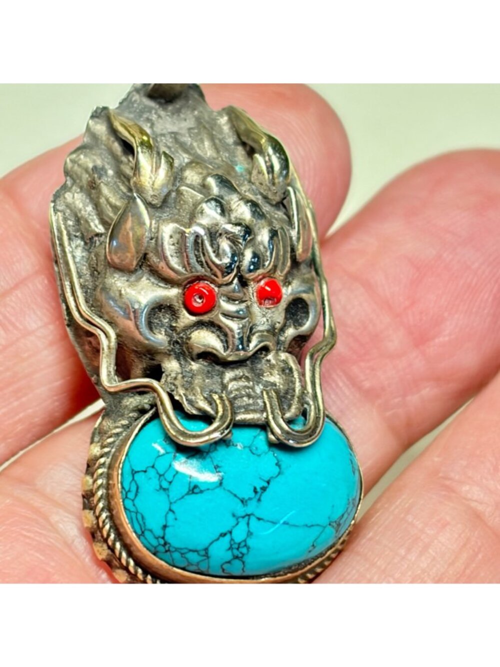 Dragon Pendant Silver Tone Blue Cabochon Red Eyes Gothic Fantasy 1.75" - Picture 3 of 11